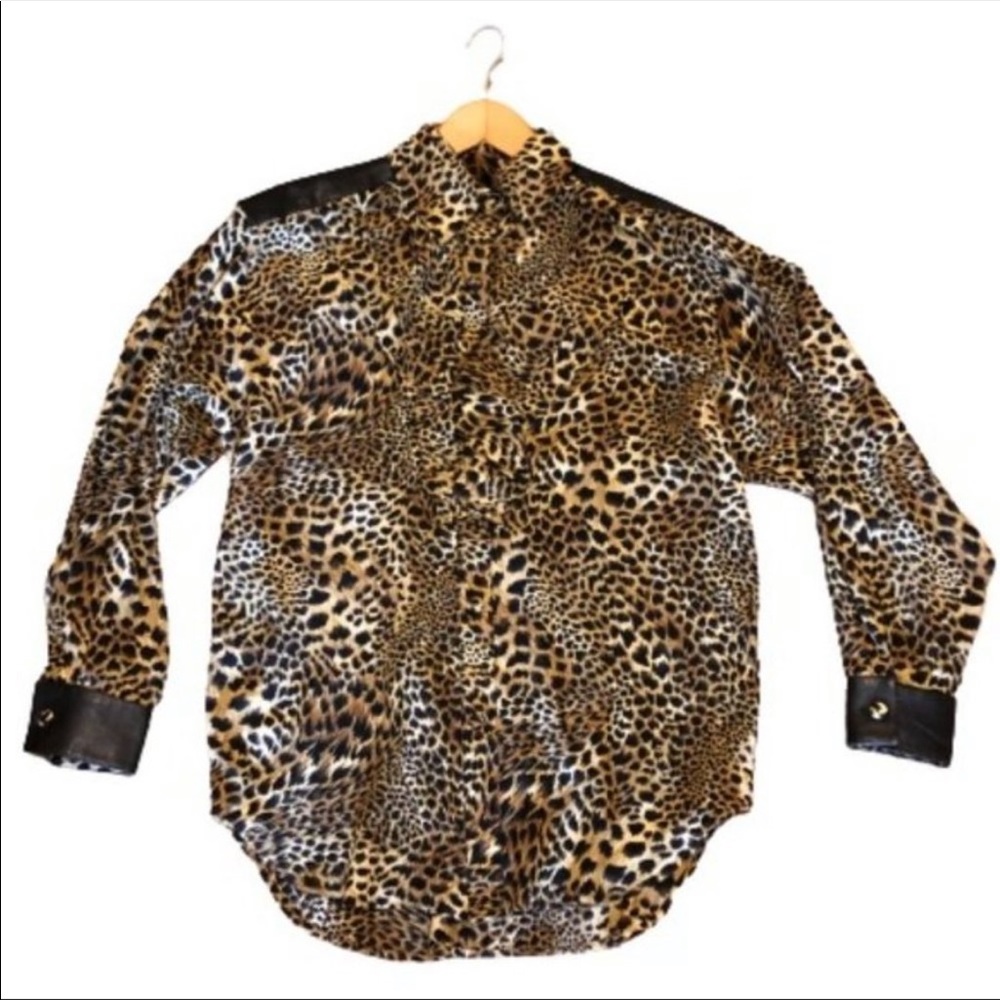 NWT 100% Silk + Leather Leopard Ruffled Vtg Top - Picture 6 of 14